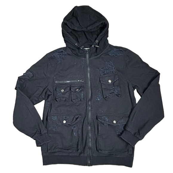 Carmar Black Distressed Denim Cargo Hooded Jacket - Picture 1 of 15